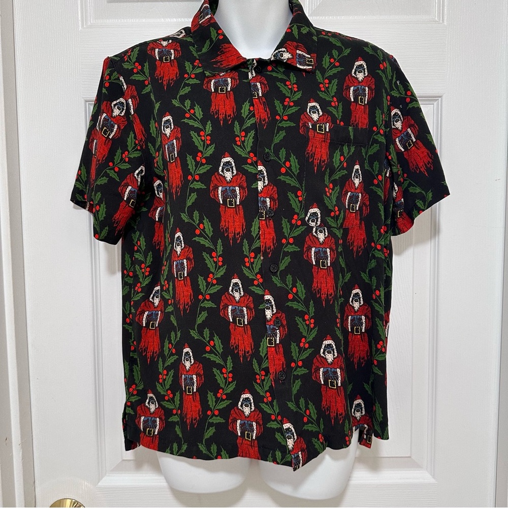 Wicked Clothes Men's Black Small “Creepy Santa” Holiday Button-Up Shirt Horror